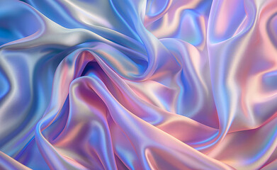 Fototapeta premium Iridescent silk fabric with pink and blue hues creating smooth, wavy folds.