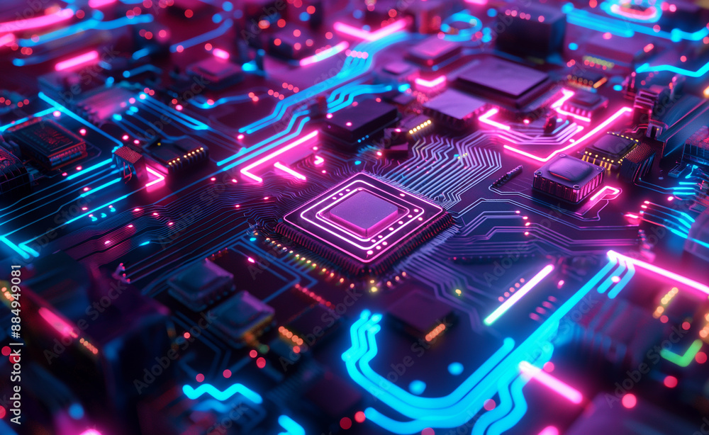 Poster neon-lit circuit board with glowing pathways and microchips.