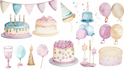 A collection of pastel-colored watercolor birthday party cliparts