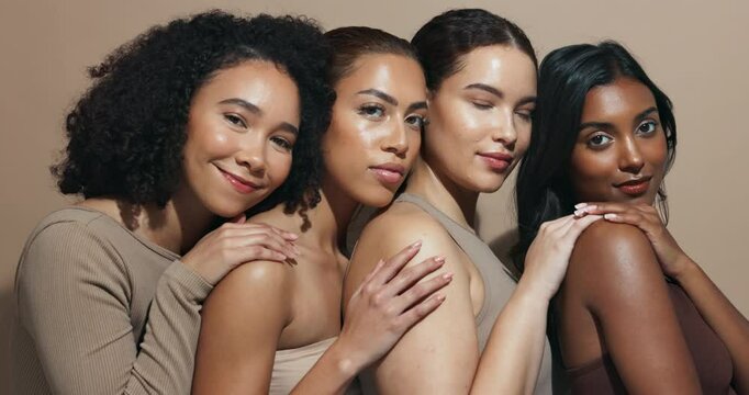 Face, love or hug for friends, skincare or wellness for diversity, inclusion or cosmetics in studio. Makeup, support or confident women with facial glow, beauty portrait or smile on brown background