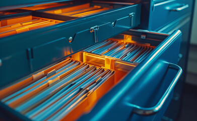 Open drawer filled with organized orange file folders.