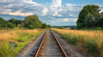 Fototapeta premium Abandoned railway through a lush summer scene. Use empty railway tracks image for travel blog post.