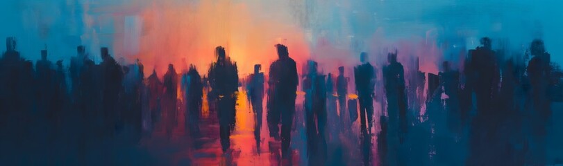 Fototapeta premium group of people waiting to et up, in the style of impressionist colorism, masculine, back button focus, soft pastel skies, bold colorism, close up, rollerwave