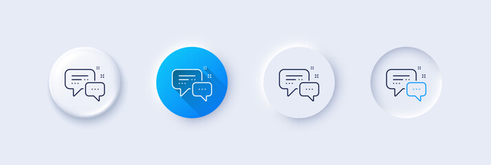 Employees messenger line icon. Neumorphic, Blue gradient, 3d pin buttons. Speech bubble sign. Chat message symbol. Line icons. Neumorphic buttons with outline signs. Vector