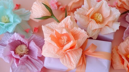 Obraz premium Handmade candy filled crepe paper flowers with DIY gift wrapping guide