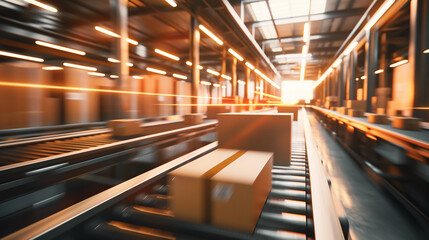 Blurred motion of cardboard boxes on a conveyor belt in a distribution warehouse.