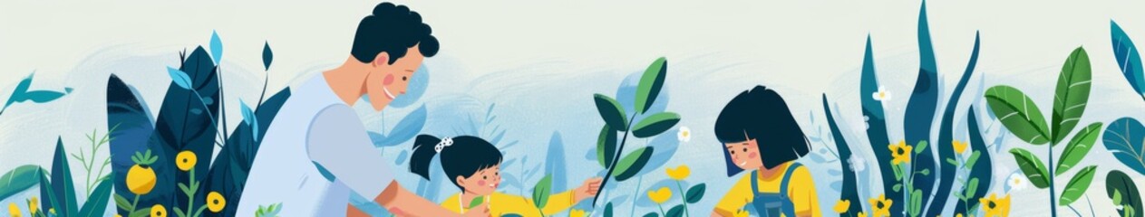 Obraz premium Father Teaching Daughter How to Care for Garden and Plants. AI-Generated 4K High-Resolution Wallpaper Depicting Happy Childhood, Hands-On Skills, Biology, Botany, Discovery, Bonding, Father's Day, Chi