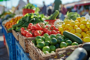 outdoor fresh produce market with vibrant stalls colorful fruits and vegetables neatly arranged.