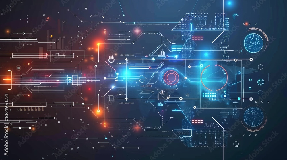 Poster abstract technological background concept with futuristic elements in gradient blue and purple hues,