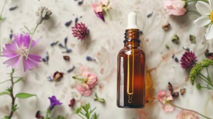 Herbal oil dropper bottle with botanicals and flowers Organic cosmetic essential oil Room for text