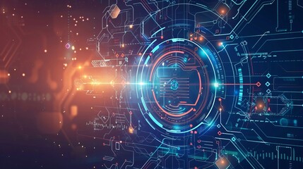 Abstract technological background concept with futuristic elements in gradient blue and purple hues, featuring circuit board patterns and digital connections, vector illustration for innovation and mo