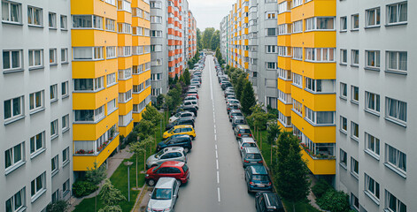 wall facade of an apartment building in Berlin, Germany with white and yellow accents. The street is lined up with parked cars on both sides