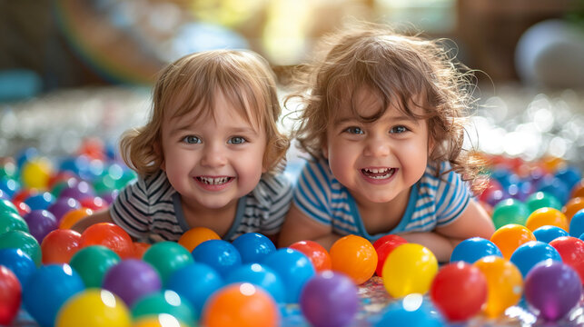 Cute little children playing in ball pit at indoor amusement park