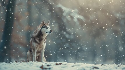 Husky dog outdoors in snowy park with space for text