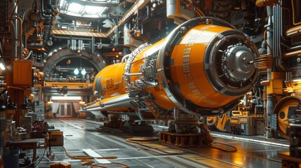 Fototapeta premium Hangar warehouse with futuristic space rocket