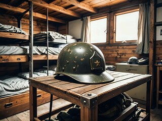 Vintage military helmet resting on a wooden table inside a rustic cabin.