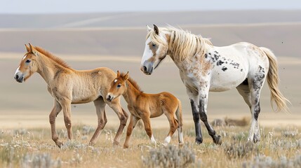 Comprehensive infographic the life cycle of Equus ferus przewalskii Przewalski's Horse from foal to adult in Mongolian steppe habitats with copy space and open space