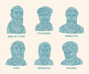 Bust statues of famous antique Greek philosophers, real portraits, vector illustration. Herodotus, Zeno of Citium, Heraclitus, Pythagorus, Plato, Epicurus