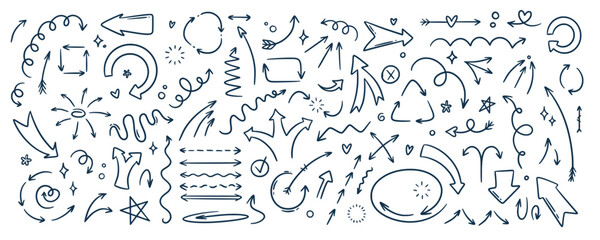 Doodle outline sketch arrow and abstract shapes collection. Hand drawn simple with brush or pen