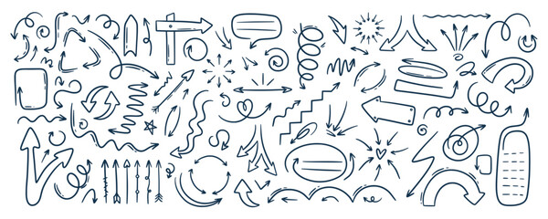 Doodle outline sketch arrow and abstract shapes collection. Hand drawn simple with brush or pen