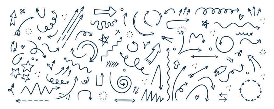Doodle outline sketch arrow and abstract shapes collection. Hand drawn simple with brush or pen
