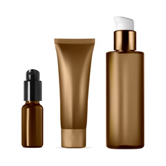 Spf 50 sunscreen cream package set. Vector bottle design. Serum dropper jar sample. Beauty cosmetics product mockup, shampoo or lotion bottle design. Cosmetic creme tube