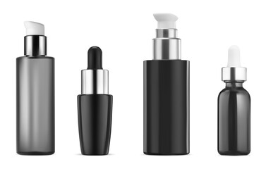 Airless serum bottle mockup. Cosmetic essence dropper flask. Face skin care beauty product design. Silver lid pump packaging for hair oil or shampoo. Dispenser bottle template, skin hygiene