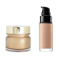 Foundation makeup cosmetic template design. Pump dispenser bottle mockup for skin care product. Face powder jar for premium vector poster. Airless dropper tube for primer