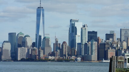 The New York manhattan view from the ferry boat in the sunny day