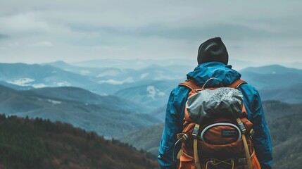A tourist with a large backpack back view looks at the mountains