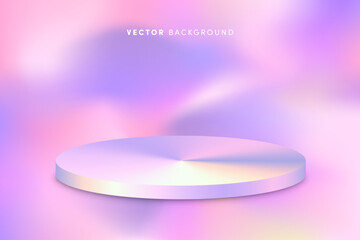 3d vector holographic product podium background. 3d render scene template with round shiny metallic stage on neon purple background. Empty pedestal for product presentation, design, promo.