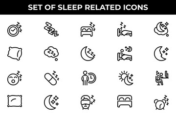 Simple Set of Sleep Related Vector Line Icons. Contains such Icons as Insomnia, Pillow, Sleeping Pills and more.