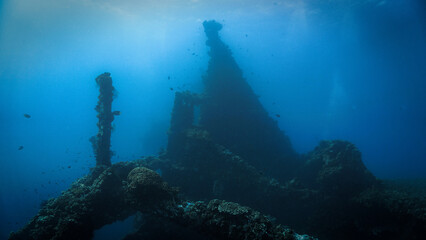 Underwater photo of the USS Liberty shipwreck from World War Two, WWII. From a scuba dive in Bali, Indonesia, Asia