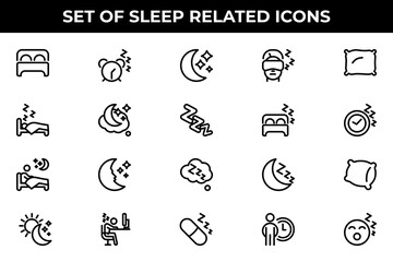 Simple Set of Sleep Related Vector Line Icons. Contains such Icons as Insomnia, Pillow, Sleeping Pills and more.