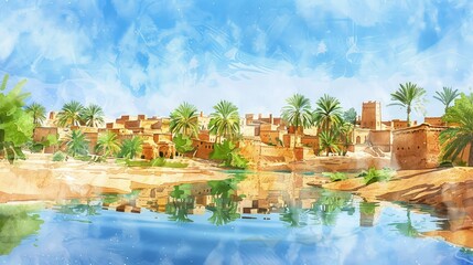 Fototapeta premium Ancient desert oasis town with mud brick architecture reflected in a clear blue water body under a bright sky, ideal for travel promotion.
