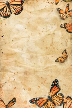 watercolor vintage scrapbook junk journal page, copy space in center, watercolor clipart of Monarch Butterflies at corner border on parchment paper, vintage art, for Junk Journal, Digital Paper