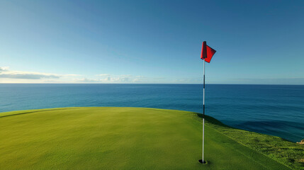 Flag: A brightly colored flag, typically red or white, stands tall in the hole. The flag flutters slightly in the breeze, marking the target for golfers.
