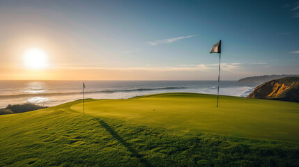 Obraz premium Flag: A brightly colored flag, typically red or white, stands tall in the hole. The flag flutters slightly in the breeze, marking the target for golfers. 