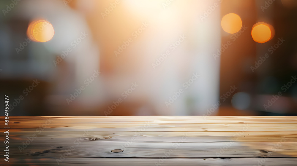 Poster empty wooden table on blurred background with smooth table surface texture. 