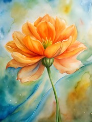 Watercolor painting of a single vibrant orange flower with soft petals, set against an abstract, blurred background to emphasize its vivid colors and delicate texture.