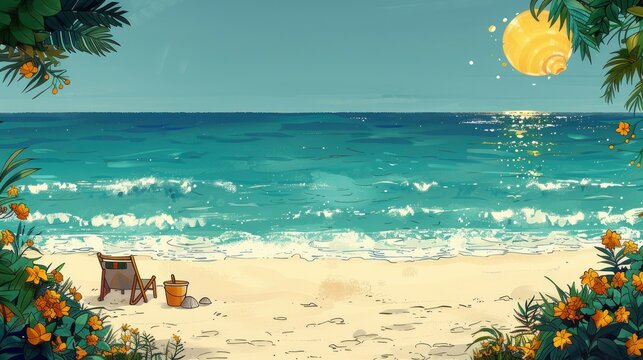  Blank white page with colorful cartoon seashells and ocean waves around the border, theme background for beach cleanup, cute children's, buckets and shovels