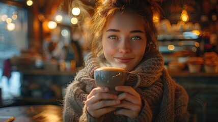 A young woman enjoying a warm cup of coffee and a pastry in a cozy cafe.