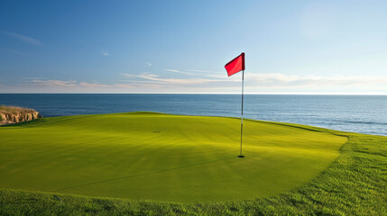 Flag: A brightly colored flag, typically red or white, stands tall in the hole. The flag flutters slightly in the breeze, marking the target for golfers.
