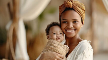 A young Black woman filled with love and wonder as she holds her newborn baby.