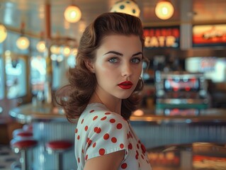 Woman in polka dot dress in retro diner with vintage decor