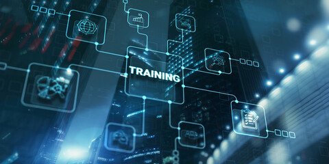 Business Training banner on city background. Training for learn skill productivity concept