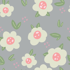 Cute kids flowers, dots, and leaves on gray background. Seamless pattern, vector illustration.
