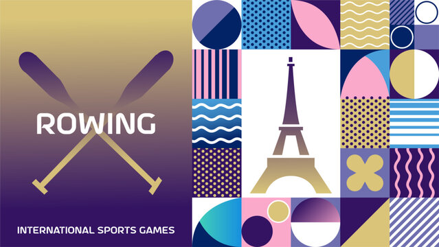 International sports games rowing poster background. Banner of Paris summer world sports competition