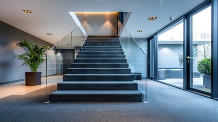 Obraz premium Modern luxurious staircase with glass railings and elegant decor