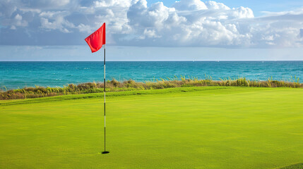 Flag: A brightly colored flag, typically red or white, stands tall in the hole. The flag flutters slightly in the breeze, marking the target for golfers.
